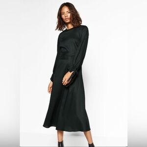 Zara black long tie sleeve Lyocell and cotton blend midi dress size small